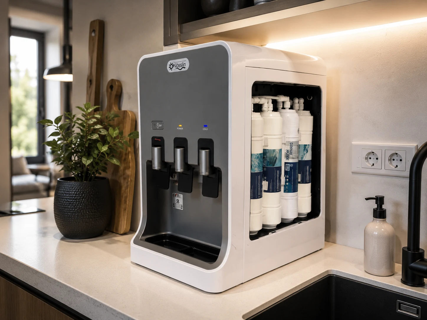 Fuente de agua doméstica con ósmosis inversa en cocina moderna - Nösslin Zaragoza
