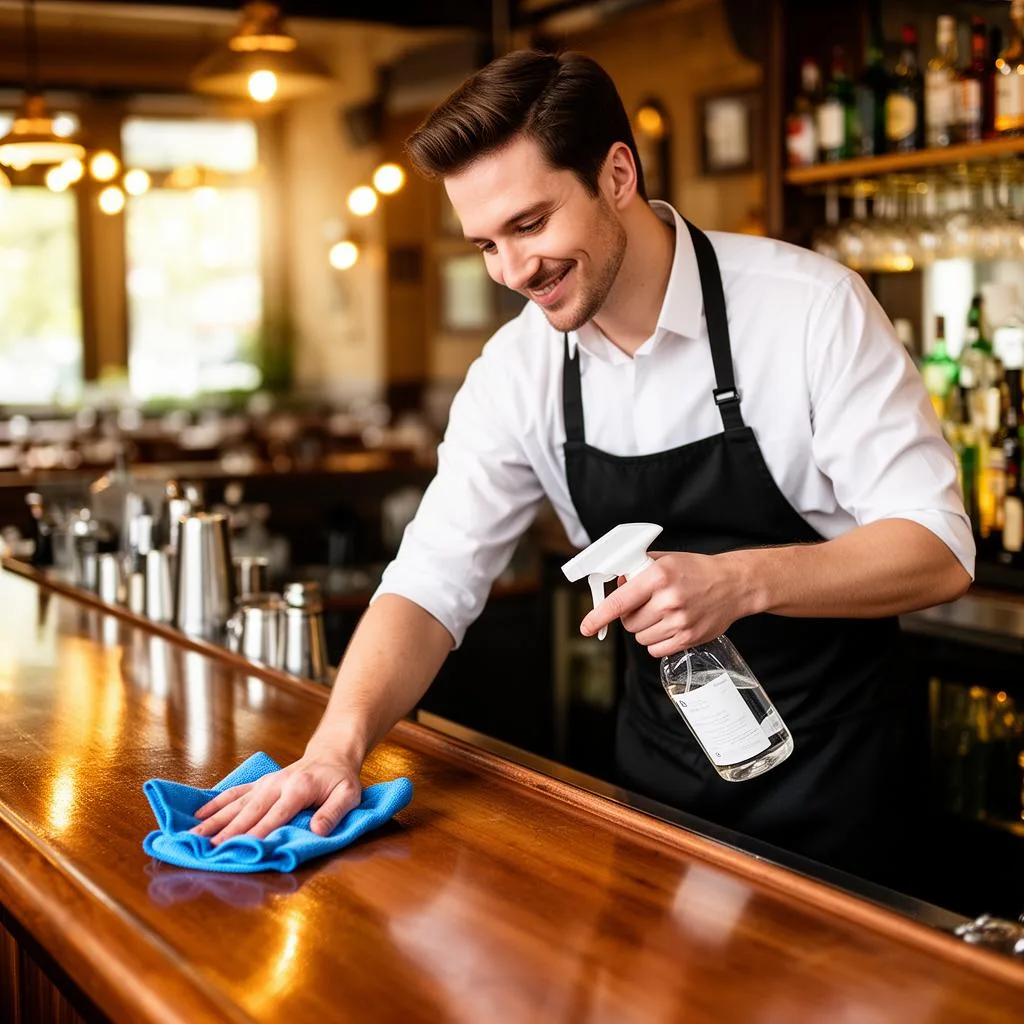 Cambrer netejant i desinfectant la barra d'un bar - aplicació d'ozó en hostaleria Nösslin